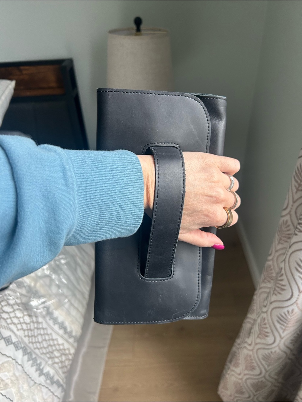 Able Black Leather Wristlet Clutch with Hand Strap